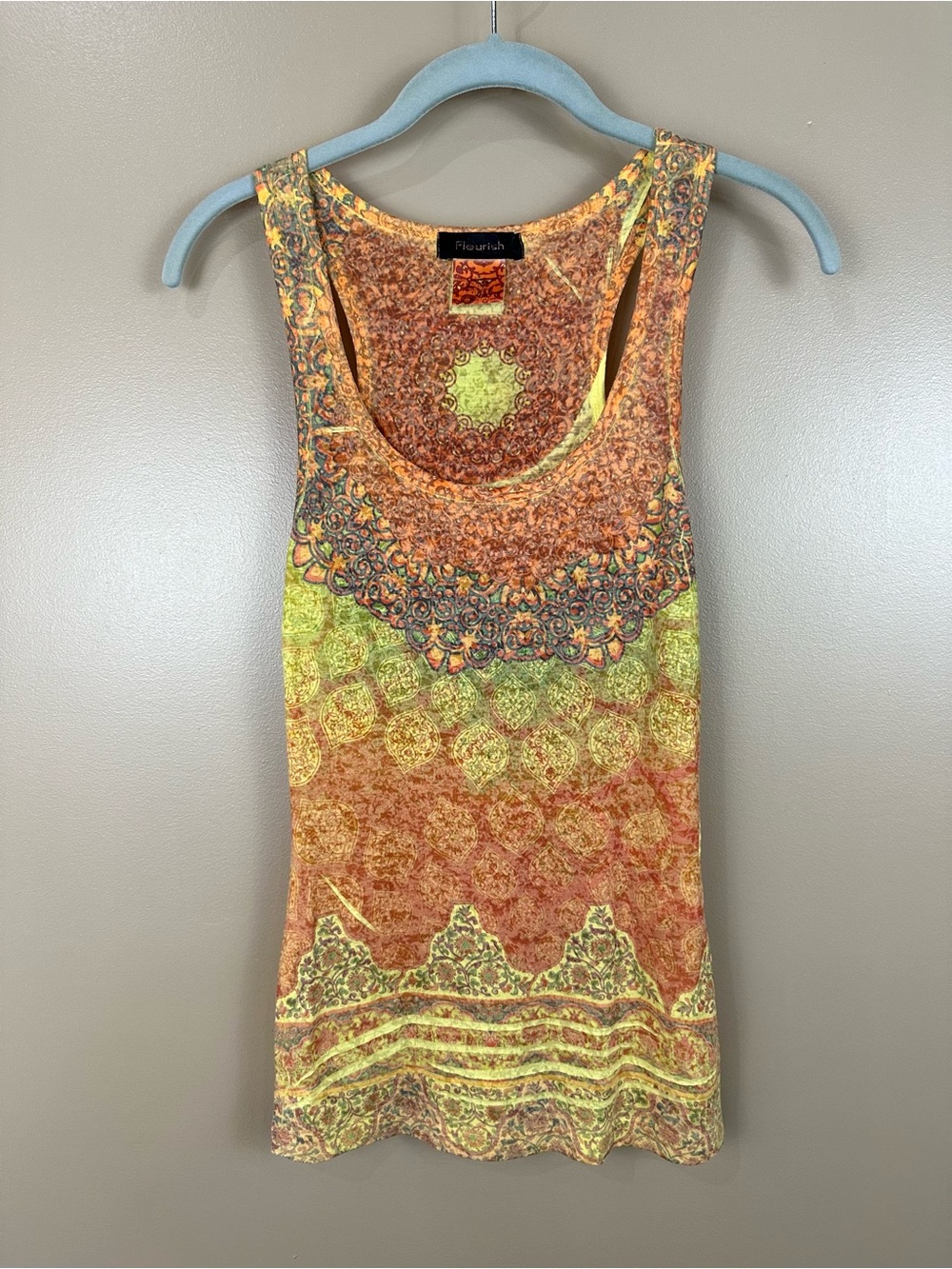 Y2K Fleurish Boho Mandala Racerback Tank Top Orange Yellow Summer Festival Small